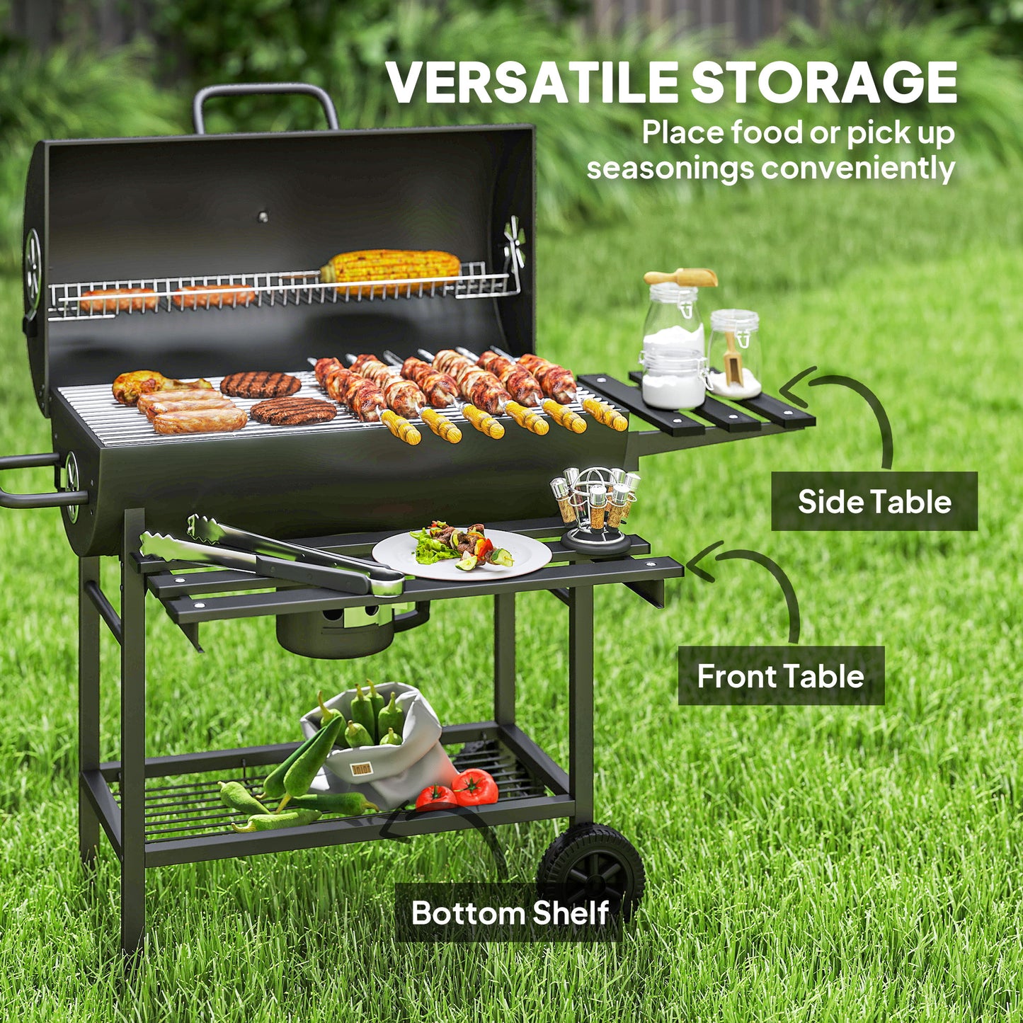 Charcoal BBQ Grill with Foldable Front Side Shelf, Portable Barbecue Smoker with Warming Rack, Bottom Shelf, Lid