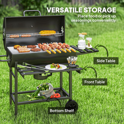 Charcoal BBQ Grill with Foldable Front Side Shelf, Portable Barbecue Smoker with Warming Rack, Bottom Shelf, Lid