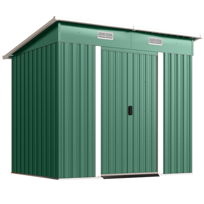 7 x 4ft Outdoor Storage Shed with Foundation Kit, Lean to Metal Garden Shed for Log, Rubbish Bin, Tool, Bike, Green