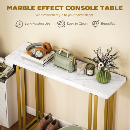 100 cm Console Table with Faux Marble Top, Narrow Entryway Table with Anti-tipping Device, White
