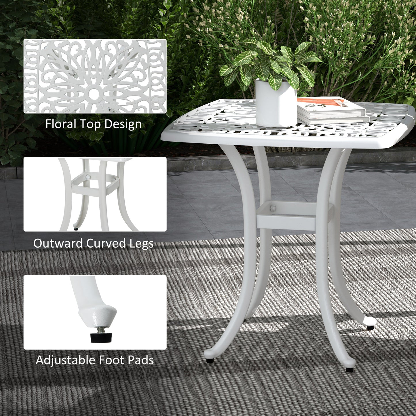 Cast Aluminium Bistro Table, Outdoor Square Side Table with Umbrella Hole, Garden Table for Balcony, White
