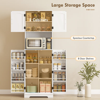 181.5 cm Freestanding Storage Cabinet, Tall Kitchen Cupboard with Adjustable Shelves, 8 Door Spice Racks, White
