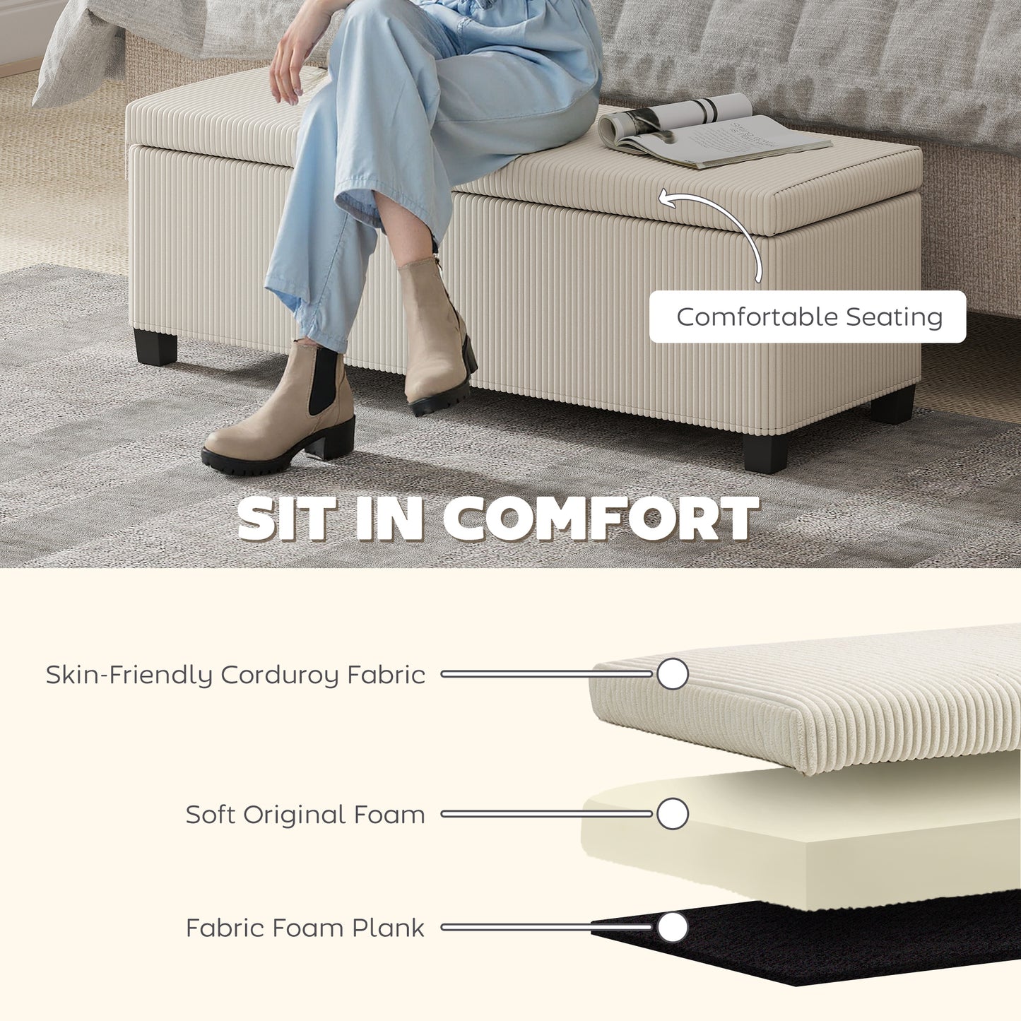 Storage Ottoman Bench, Corduroy Storage Chest Box with Wooden Legs, 112cm Bed End Bench for Living Room, Bedroom, Entryway