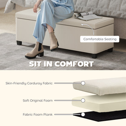 Storage Ottoman Bench, Corduroy Storage Chest Box with Wooden Legs, 112cm Bed End Bench for Living Room, Bedroom, Entryway