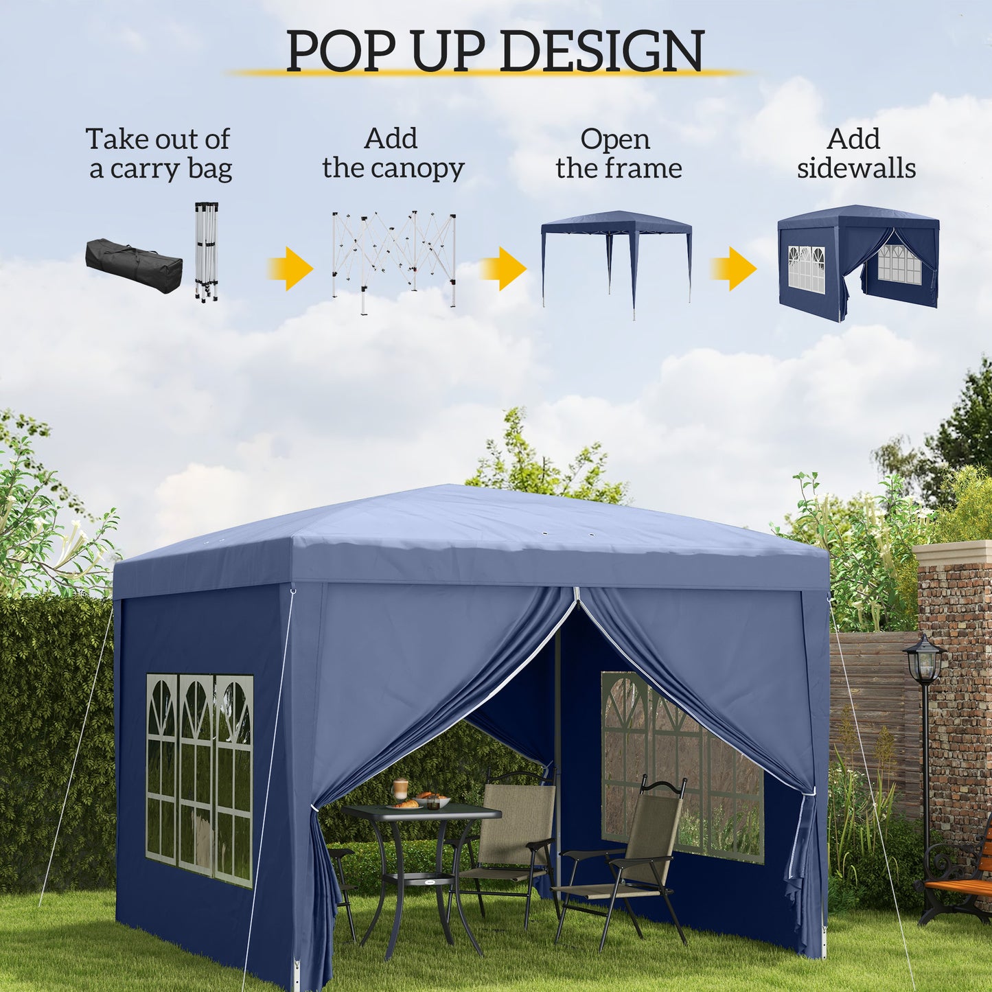3x3(m) Pop-Up Gazebo, with Curtain Walls and Windows, Blue
