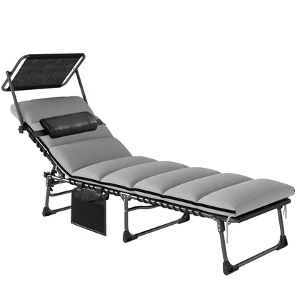 Folding Sun Lounger with Canopy, Reclining Sunbed with Cushion, Side Pocket, Carrying Handle, Light Grey
