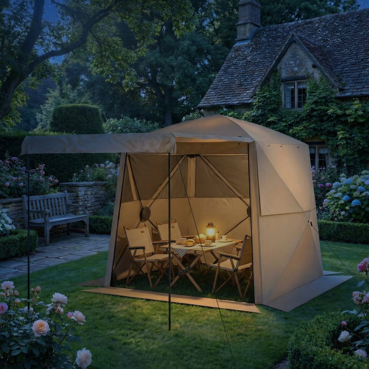 Pop Up Gazebo Waterproof Instant Shelter with Awning Mesh Windows for Camping Patio 2 x 2 m, Khaki