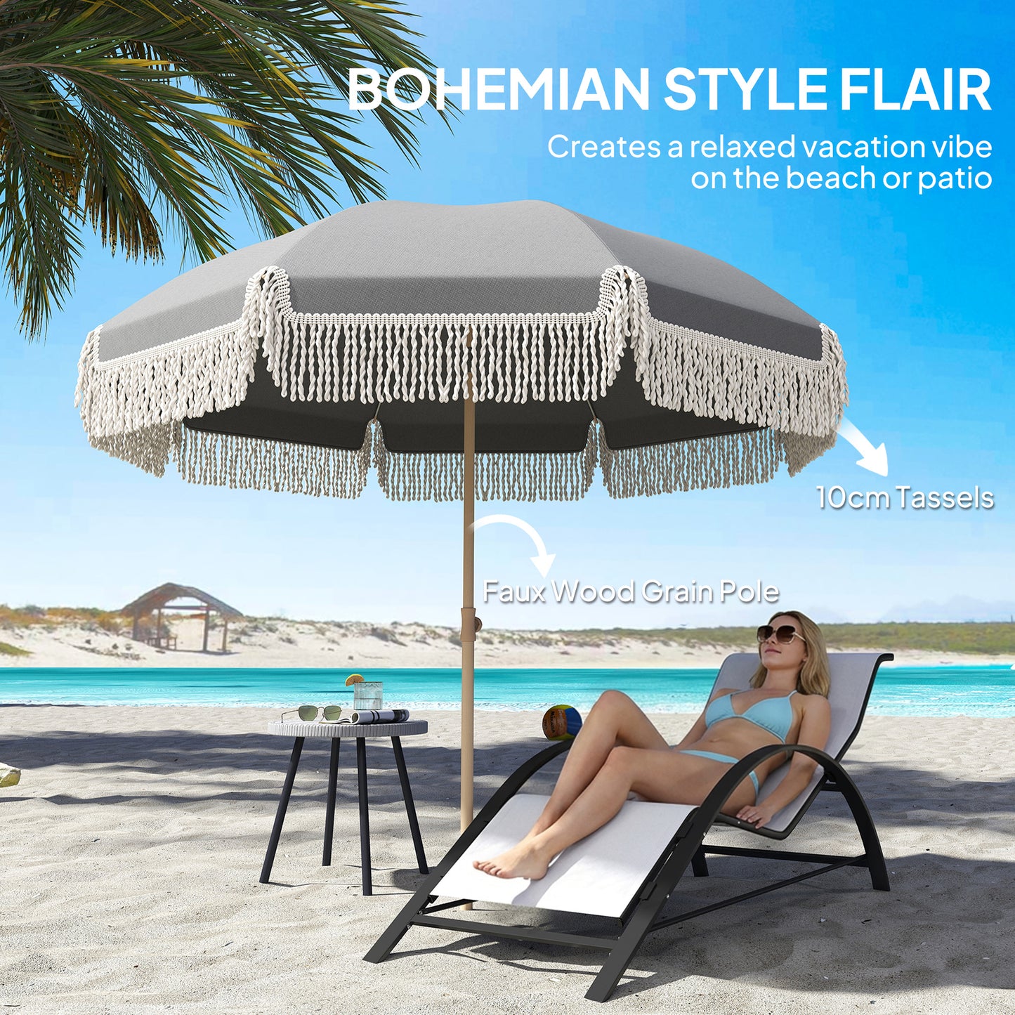 1.7 m Beach Umbrella with Sand Anchor, 30° Tilting Fringed Beach Garden Parasol with Adjustable Height, Grey