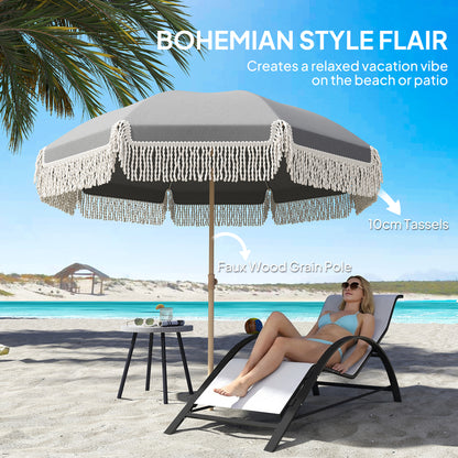1.7 m Beach Umbrella with Sand Anchor, 30° Tilting Fringed Beach Garden Parasol with Adjustable Height, Grey