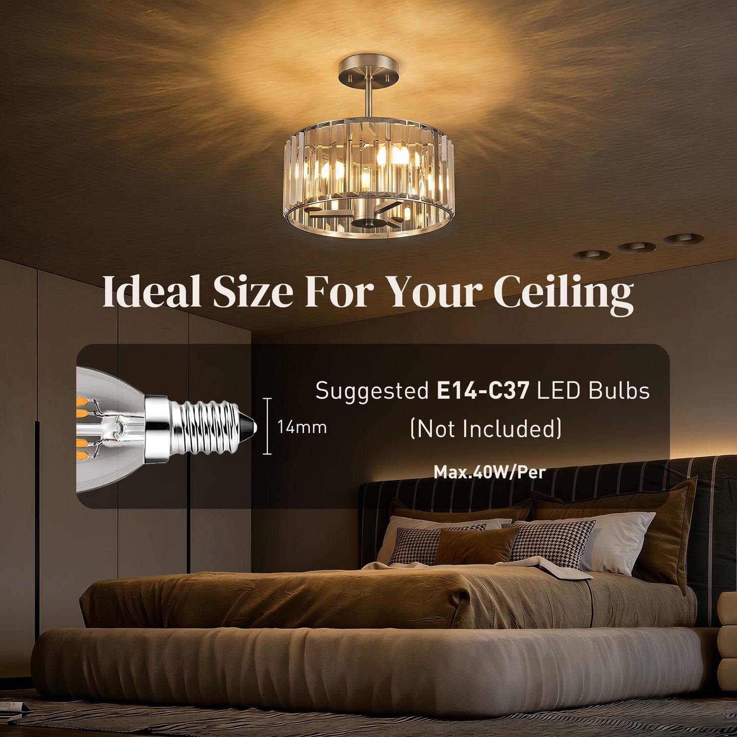 Semi Flush Mount Modern Crystal Chandelier Ceiling Light, Crystal Ceiling Light Fixture with E14 Base, Silver Tone