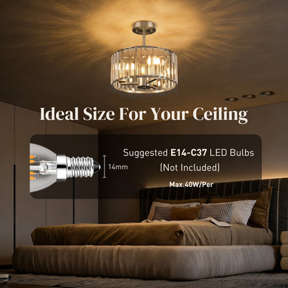 Semi Flush Mount Modern Crystal Chandelier Ceiling Light, Crystal Ceiling Light Fixture with E14 Base, Silver Tone
