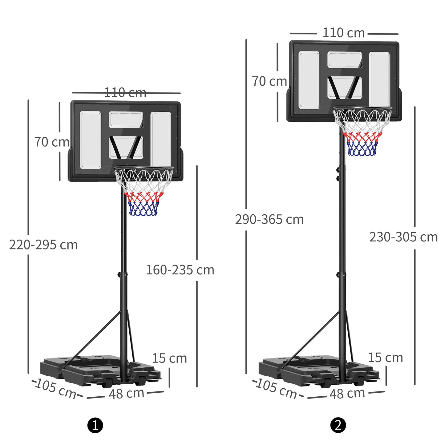 2.3-3.05m Basketball Hoop and Stand, with Weighted Base, Wheels, Black
