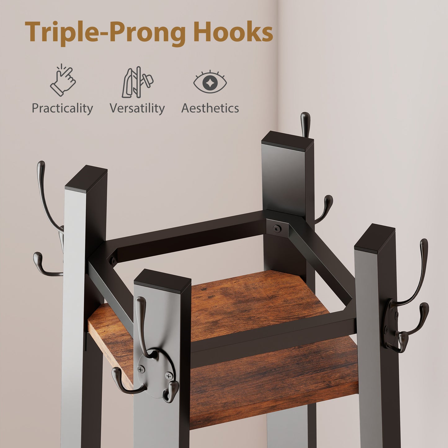 Industrial-Style Four Shelf Coat Stand - Brown/Black