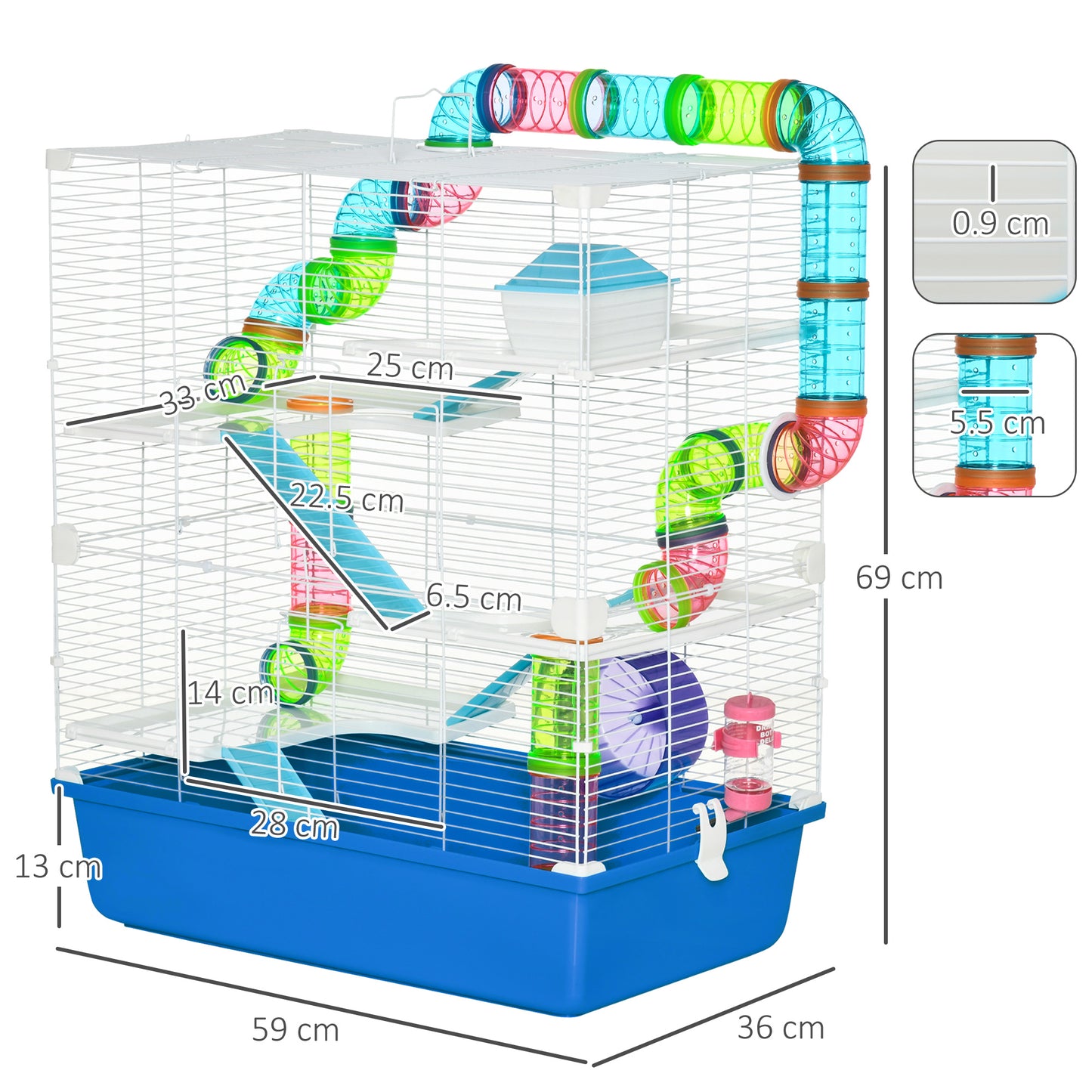 5 Tier Hamster Cage, Gerbil Cage with Exercise Wheel, Feeder Bowl, Tube, Water Bottle, 59L x 36W x 69H cm - Blue
