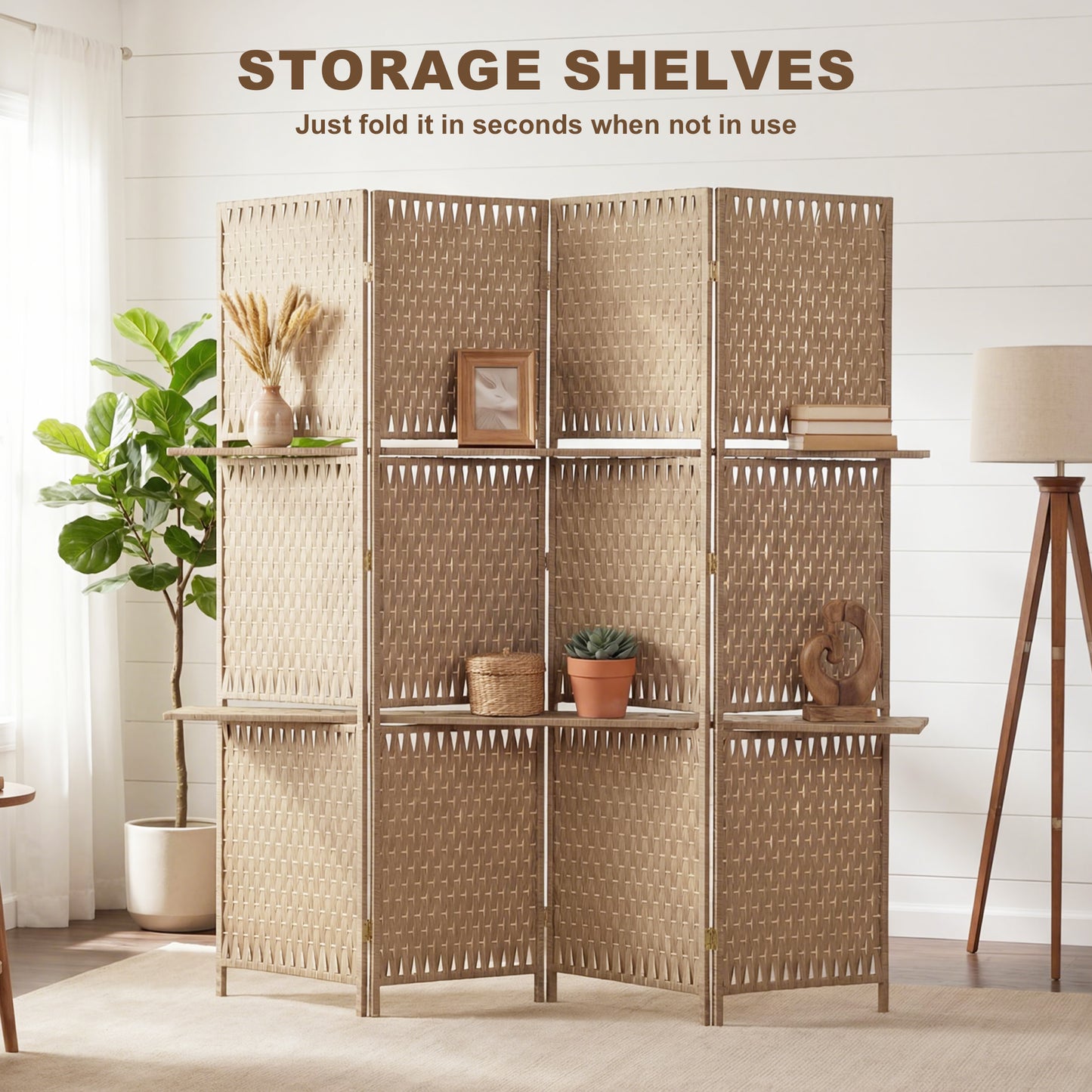Wave Fibre Freestanding Folding Privacy Screen Panels, Room Divider, Natural Wood Finish