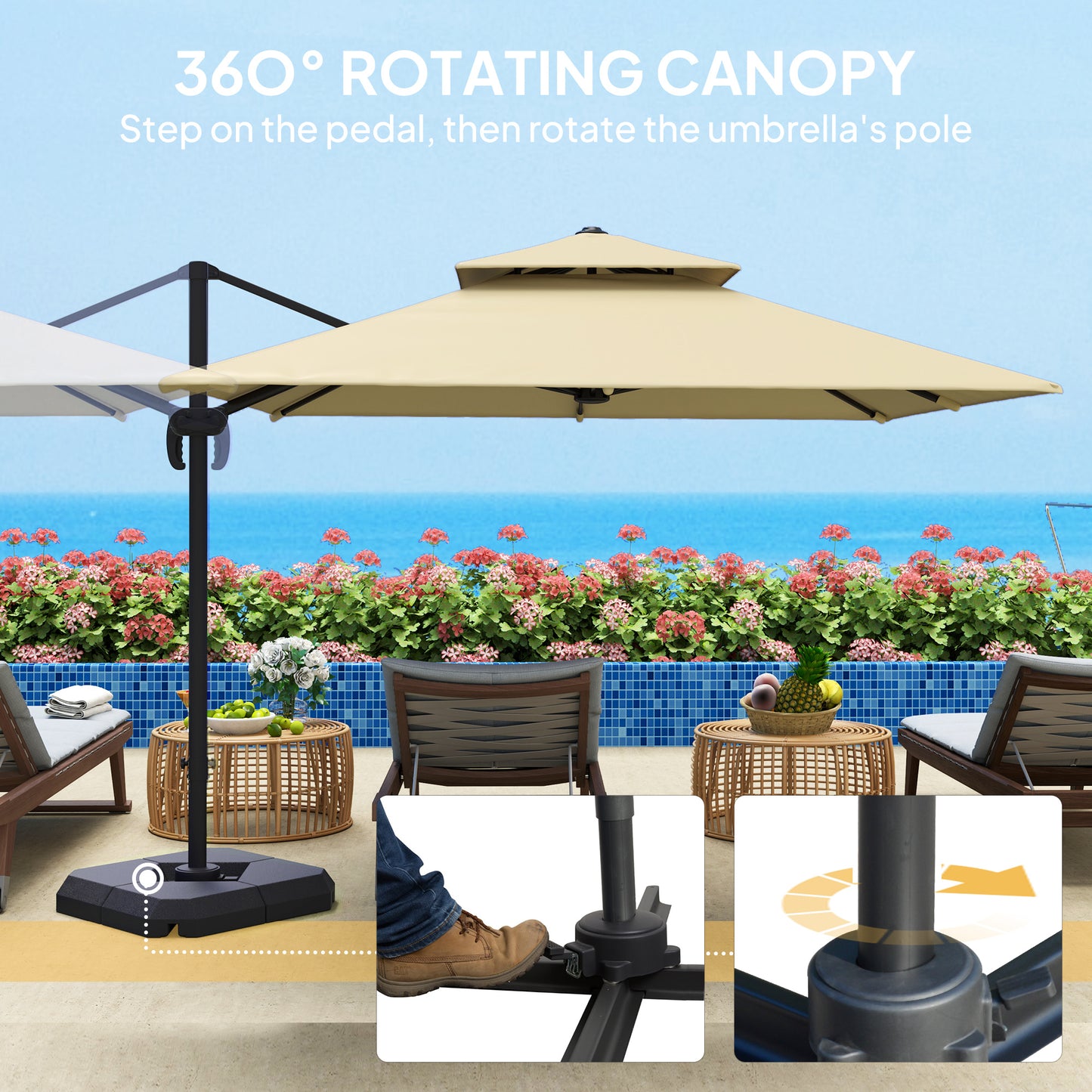 2.7 x 2.7 m Cantilever Parasol with Aluminium Frame, Crank and Tilt, 360-Degree Rotation, Double Top Garden Umbrella