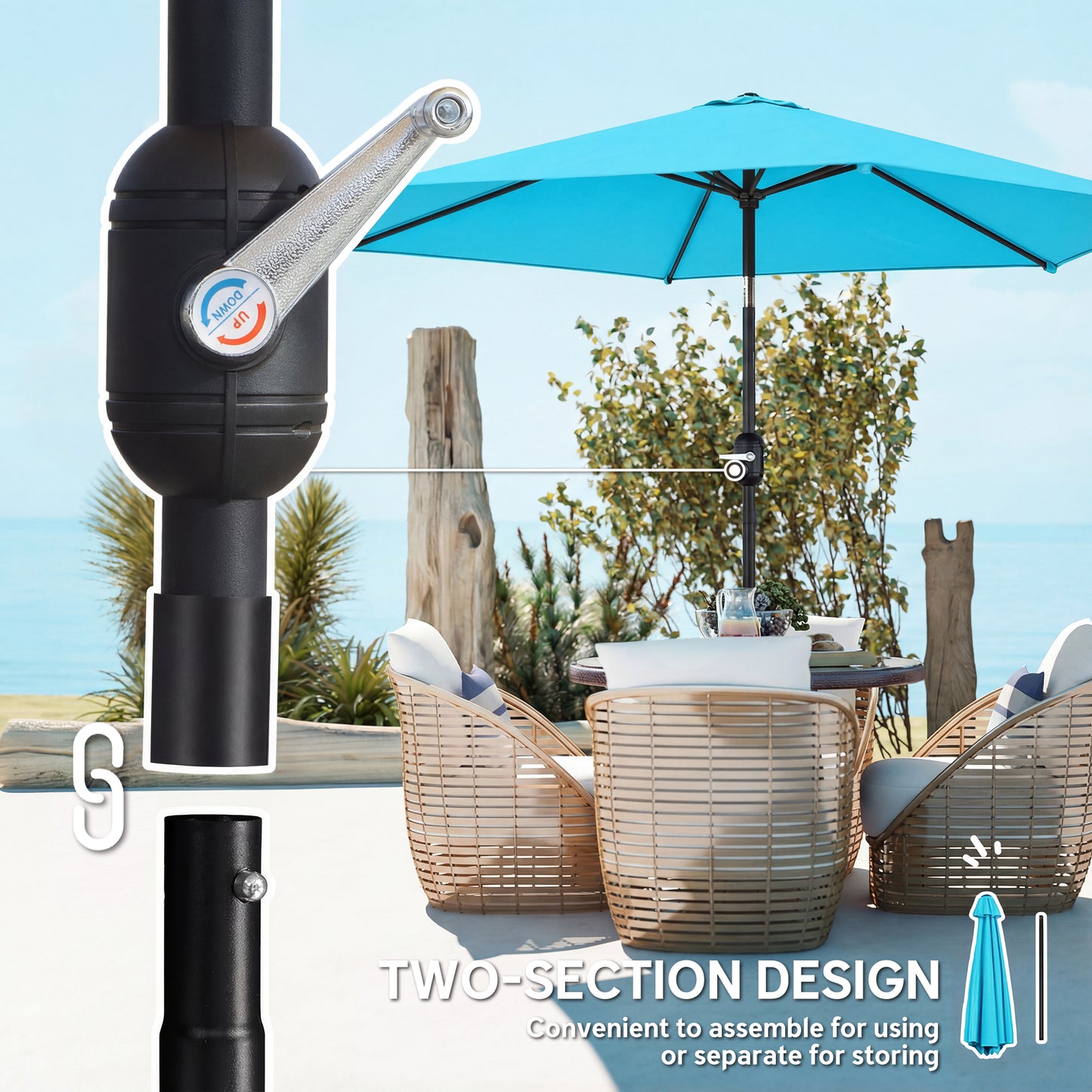 2.6 m Garden Parasol Umbrella with Aluminium Pole, Outdoor Patio Umbrella with Tilt and Crank, Vent, Blue