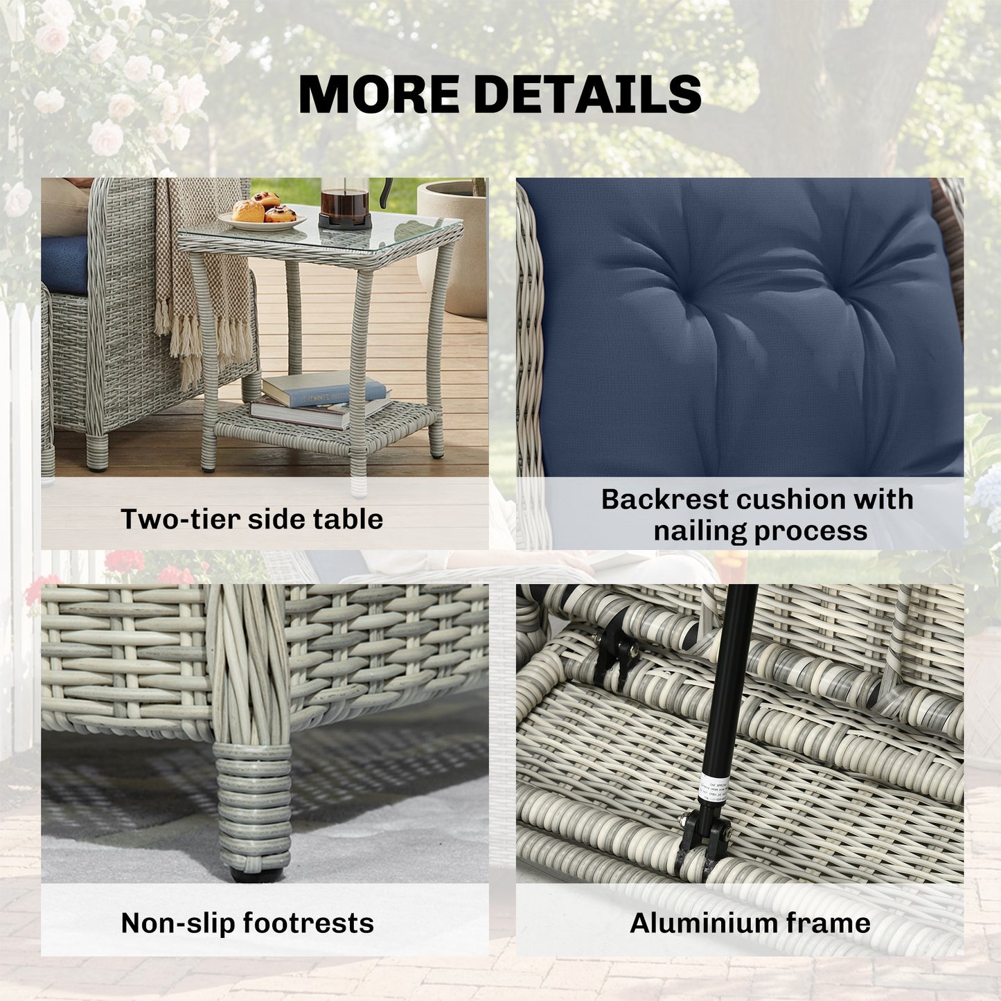 5 Piece Garden Furniture Set, Rattan Reclining Garden Chair Set of 2 with Footstool and Cushion for Balcony, Dark Blue
