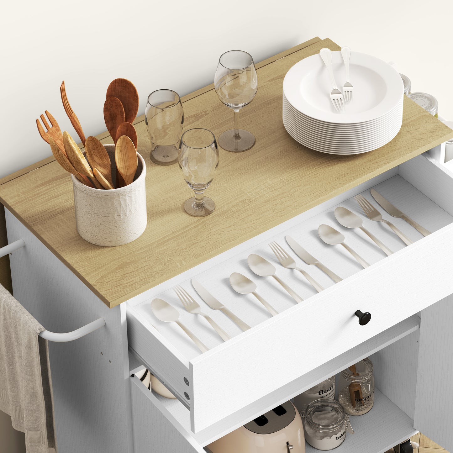 Rolling Kitchen Island with Drop Leaf, Kitchen Storage Cart with Drawer, Spice Rack and Towel Rack, White