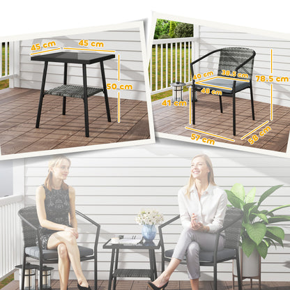 3 Pieces Rattan Bistro Set with Cushions, Wicker Garden Furniture Set, Glass Top Coffee Table and Chairs for Outdoor Patio