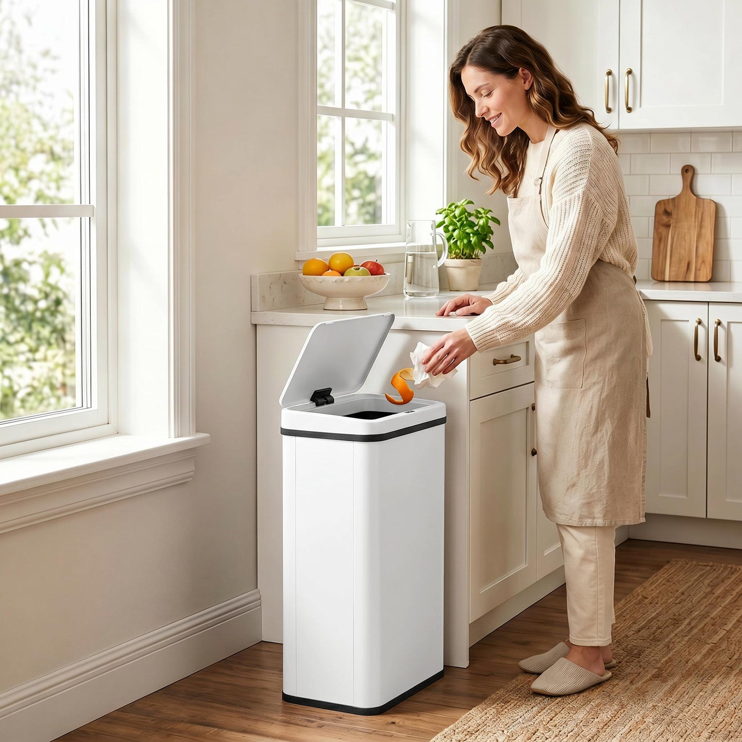 50L Sensor Bin with Soft-Close Lid, Stainless Steel Automatic Touchless Motion Sensor Kitchen Bin, White