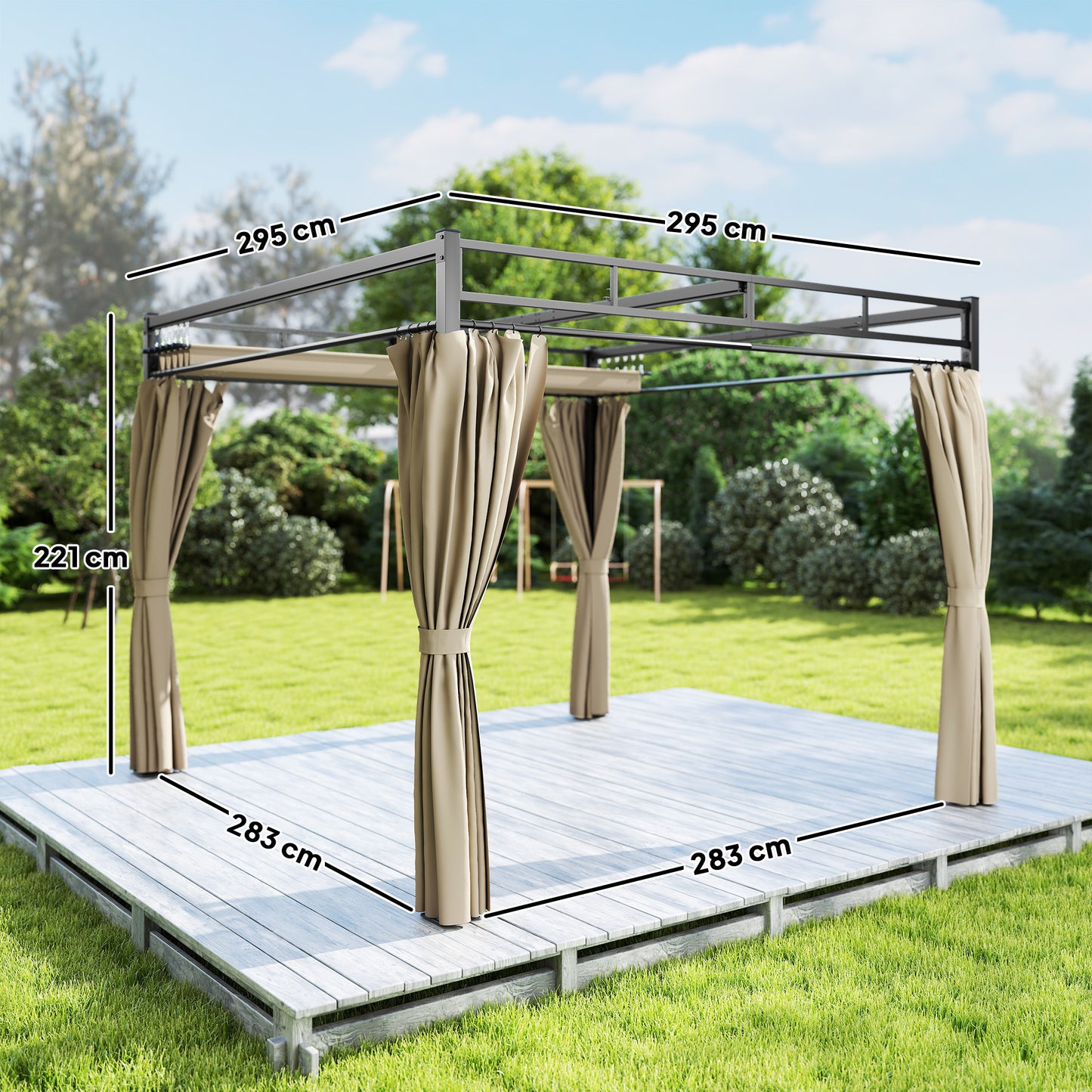 3 x 3 m Pergola with Retractable Roof Canopy and Curtains, UPF30+ Metal Frame Garden Pergola Gazebo Sun Shade, Khaki