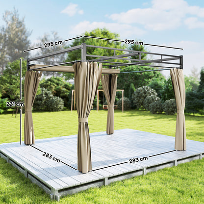 3 x 3 m Pergola with Retractable Roof Canopy and Curtains, UPF30+ Metal Frame Garden Pergola Gazebo Sun Shade, Khaki