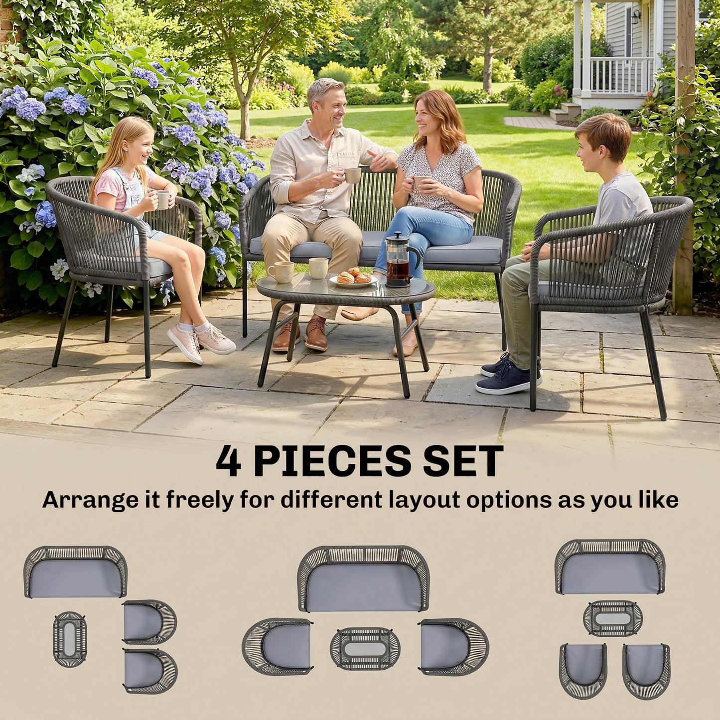 4 Piece Garden Furniture Set, Rope Garden Sofa Set with 1 Loveseat 2 Chairs Tempered Glass Table Cushions, Dark Grey