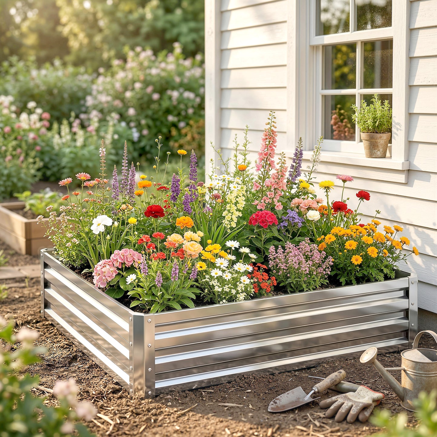 Square Raised Garden Bed Box with Weatherized Steel Frame for Vegetables, Flowers, & Herbs, 120 x 120 x 30cm, Silver Tone