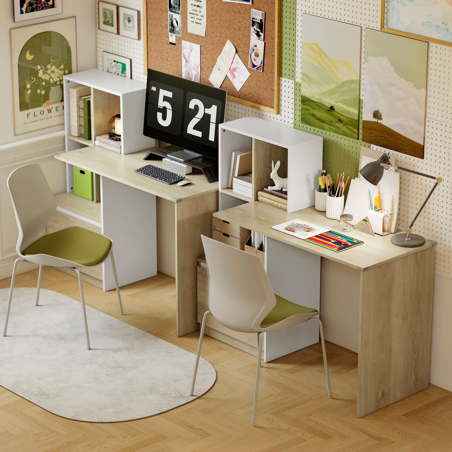 Computer Desk, Office Desk with Bookshelf, File Drawer and Legal Hanging File Holders, Oak Wood Effect