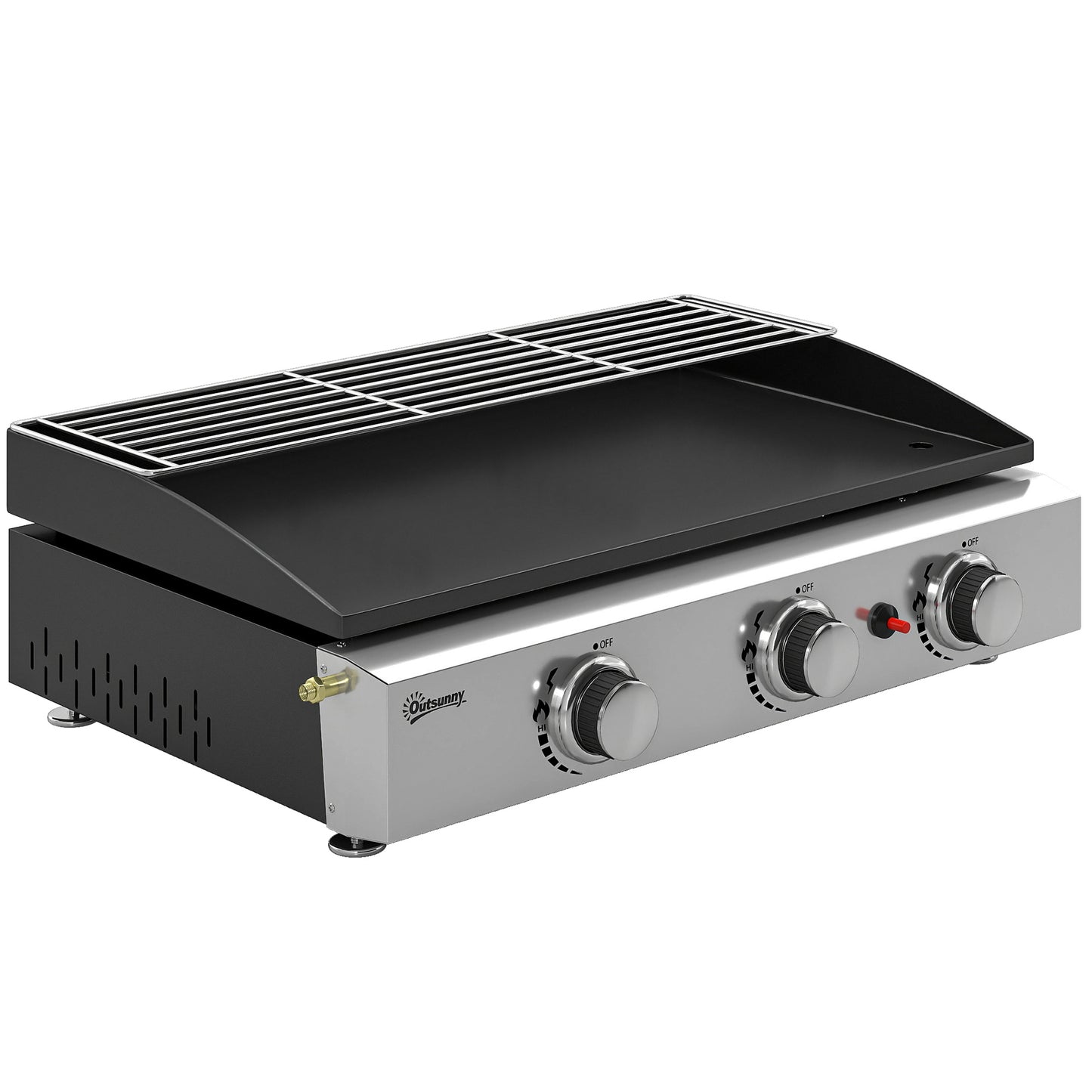 3 Burner Grill Griddle, Portable Gas Plancha with Warming Rack, 7.5 kW, Tabletop Gas BBQ with Grease Cup, Black
