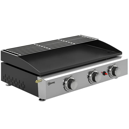 3 Burner Grill Griddle, Portable Gas Plancha with Warming Rack, 7.5 kW, Tabletop Gas BBQ with Grease Cup, Black