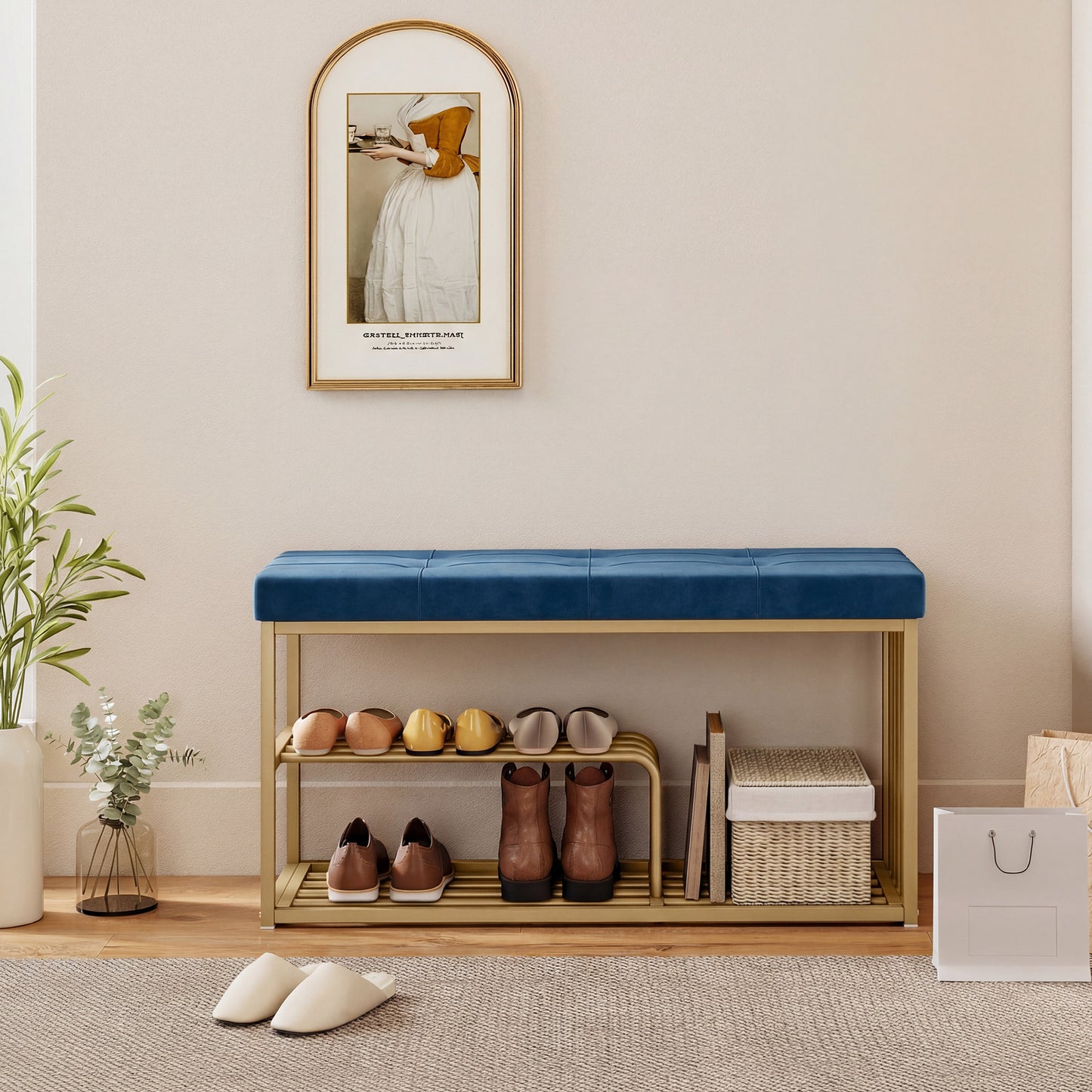 Bench and Shoe Storage, Tufted Shoe Storage Bench with Velvet Seat Cushion Gold Steel Frame for Entryway, Dark Blue