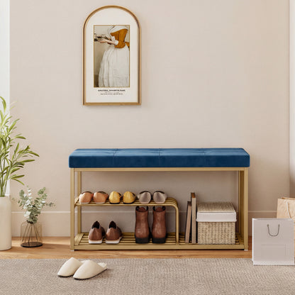 Bench and Shoe Storage, Tufted Shoe Storage Bench with Velvet Seat Cushion Gold Steel Frame for Entryway, Dark Blue