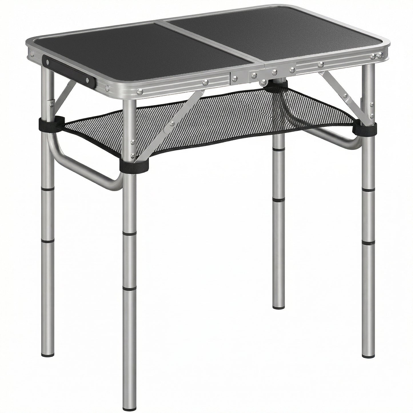 2ft Folding Camping Table, Picnic Table with Mesh Storage Layer, 4 Adjustable Heights and Carrying Handle, Black