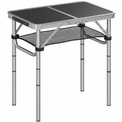 2ft Folding Camping Table, Picnic Table with Mesh Storage Layer, 4 Adjustable Heights and Carrying Handle, Black