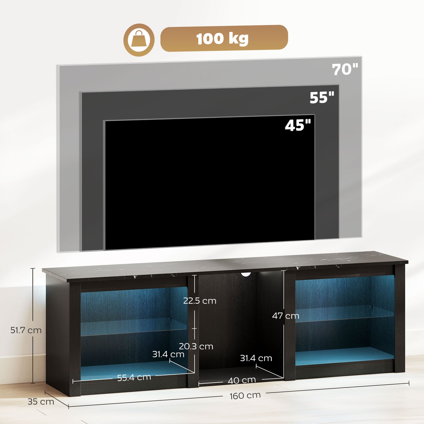 70" TV Stand, with LED Lights and Storage - Black