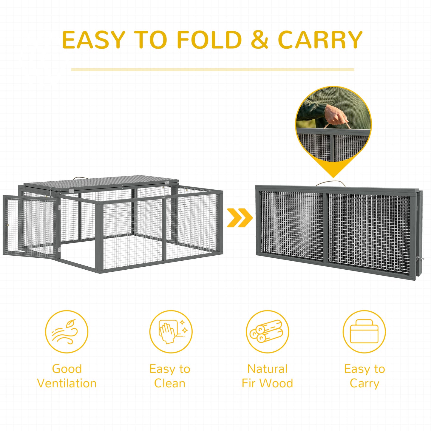 Wooden Folding Rabbit Hutch, for 2-3 Rabbits - Grey
