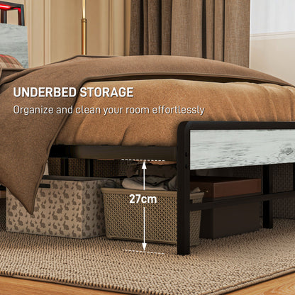 Double Steel Bed Frame, with LED Lights and Shelf - Grey