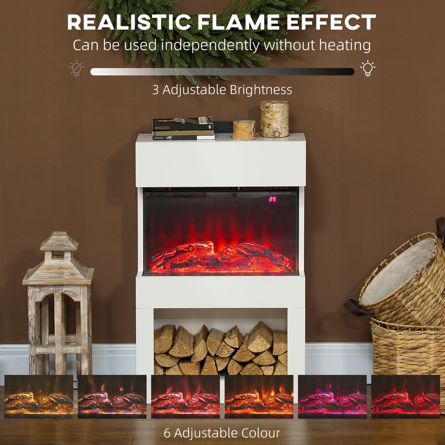 19" Electric Fireplace with Surround, 3D Flame Effect, 6 Colours & 3 Brightness Levels