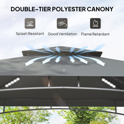 8' x 5' Grill Gazebo, Double Tiered BBQ Gazebo Shelter Canopy with LED Lights, 2 Side Shelves, Hooks, Dark Grey