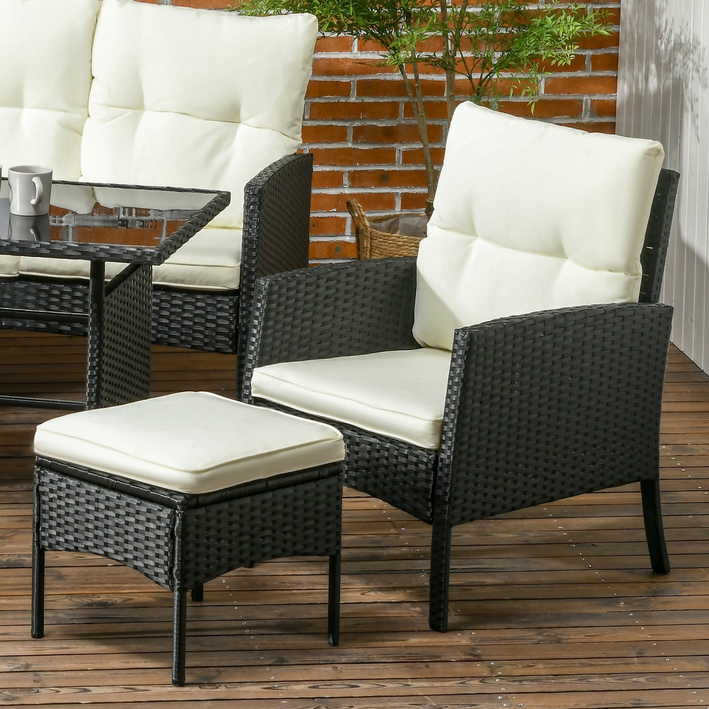 7 Seater Rattan Garden Furniture Set, 6 Piece Garden Dining Set, Armchairs, 3-Seater Sofa, Footstools, Glass Dining Table
