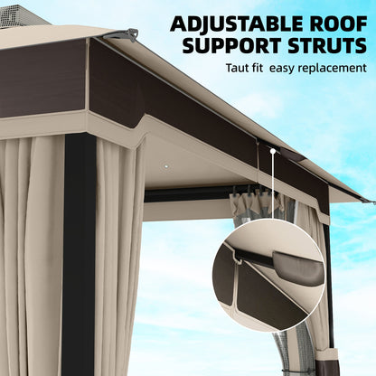 3 x 3.6 m Outdoor Garden Gazebo with Netting and Curtains, Double Roof Patio Gazebo Permanent Pavilion, Khaki