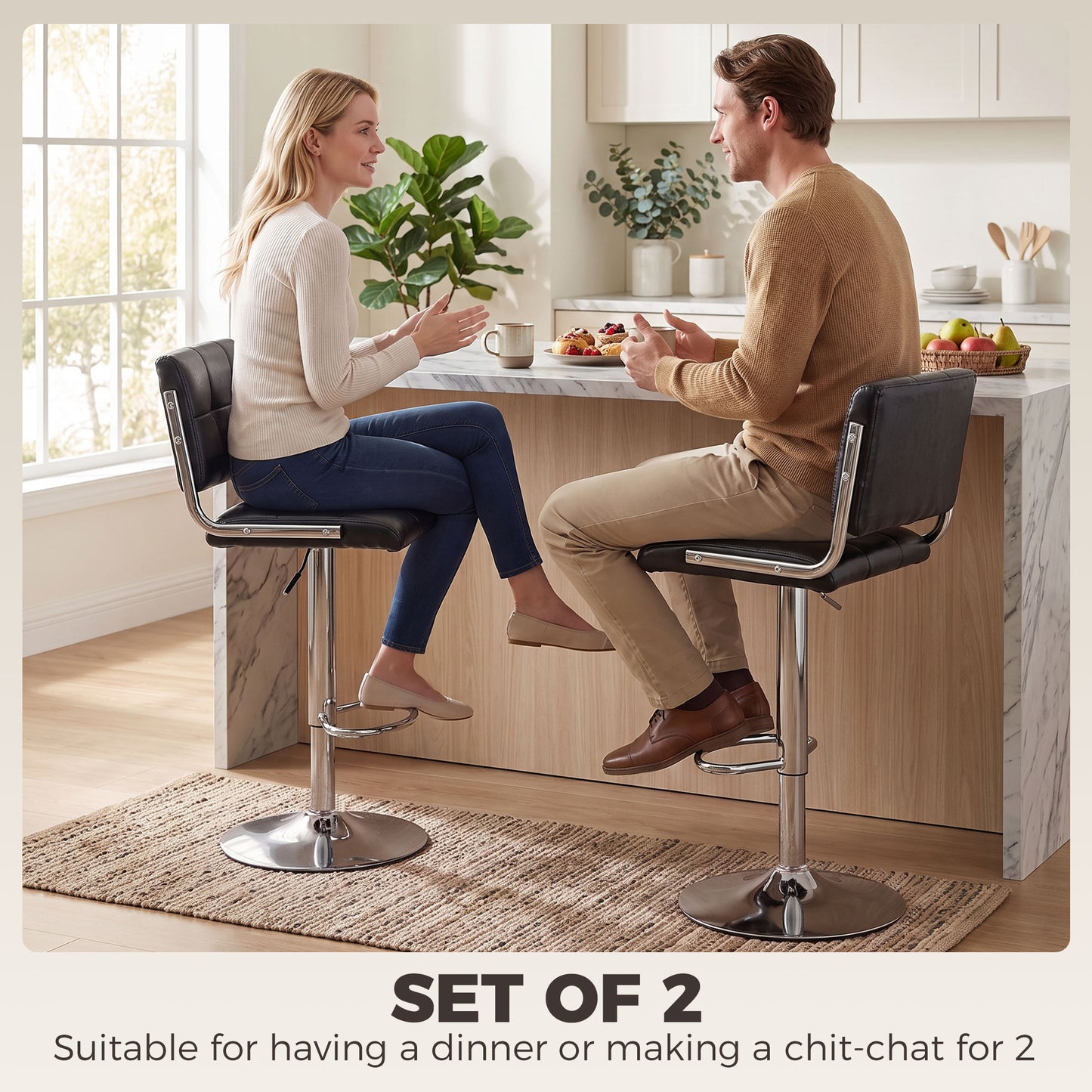 Bar Stools Modern PU Leather Adjustable Breakfast Bar Stools Backrest Set of 2 Black