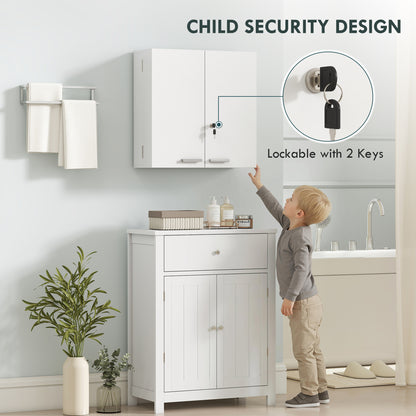 Wall Mount Medicine Cabinet with Key Lock, 3 Tier First Aid Cabinet with 2 Doors and 11 Storage Compartments, White