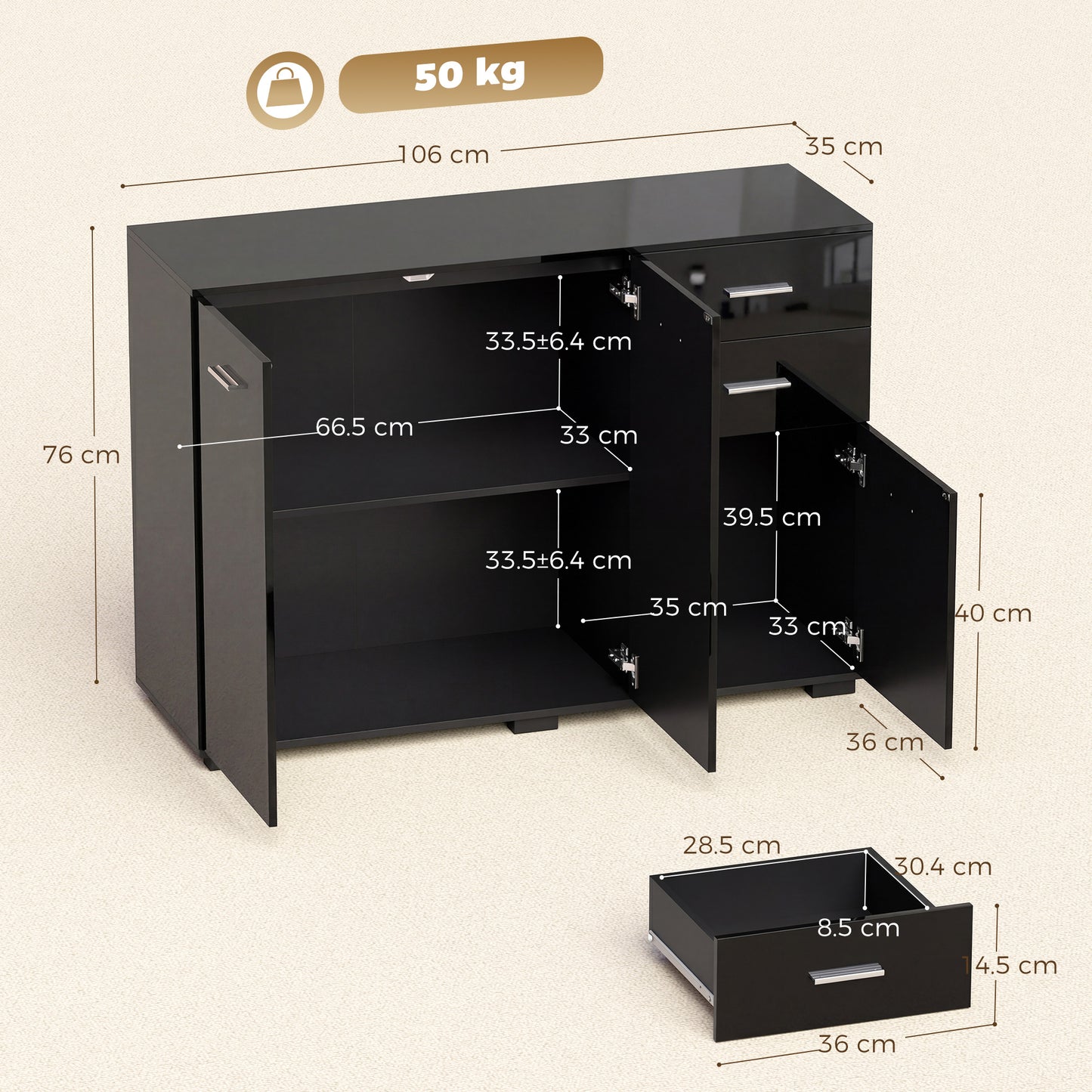 Sideboard, Modern Storage Cabinet with 2 Drawers, 3 Doors and Adjustable Shelves, High Gloss Black
