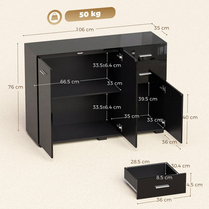 Sideboard, Modern Storage Cabinet with 2 Drawers, 3 Doors and Adjustable Shelves, High Gloss Black