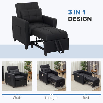 3-In-1 Linen-Look Single Chair Bed with 11cm Thick Adjustable Back & Eucalyptus Wood Sofa Frame - Black
