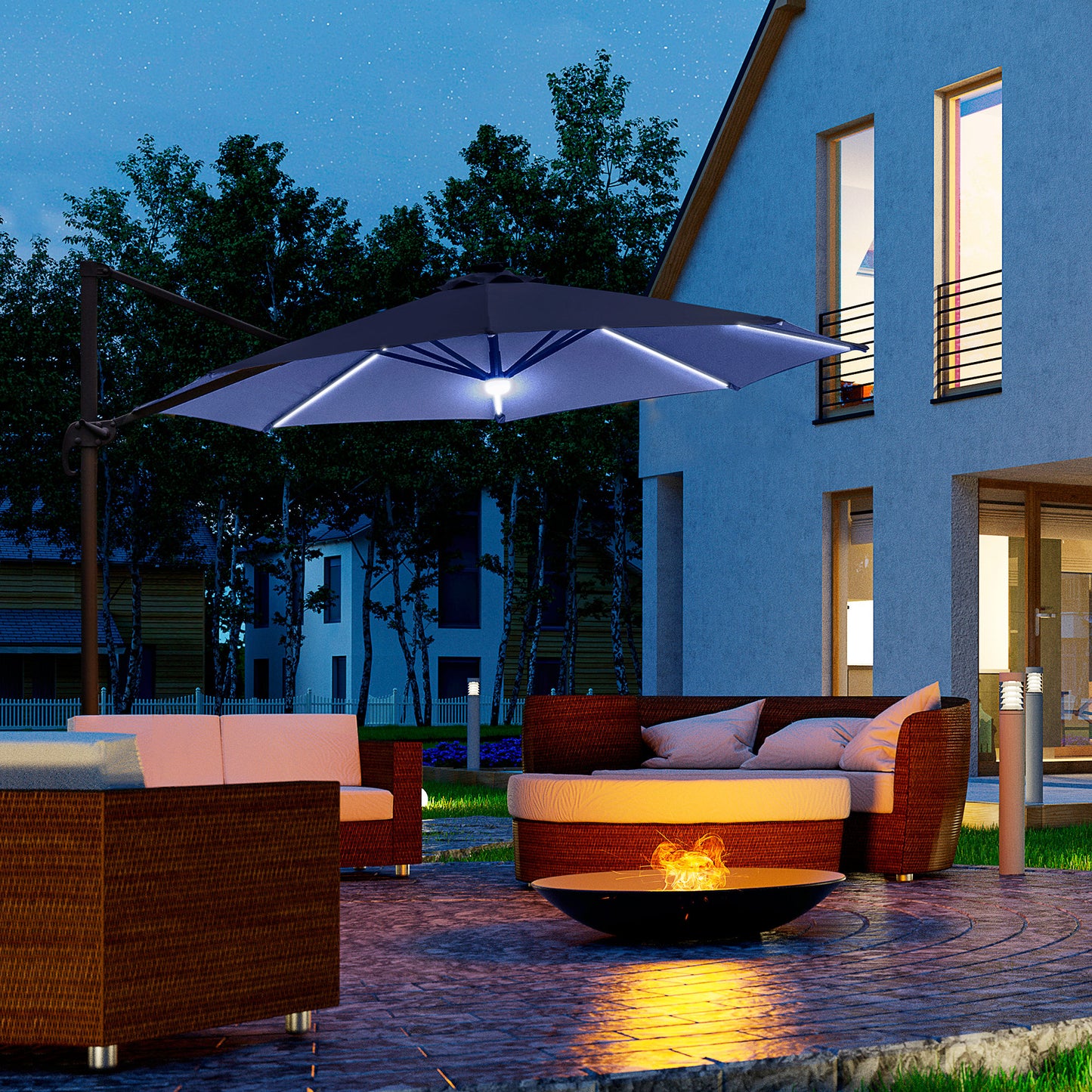 3(m) LED Cantilever Parasol Outdoor Sun Umbrella w/ Base Solar Lights Blue