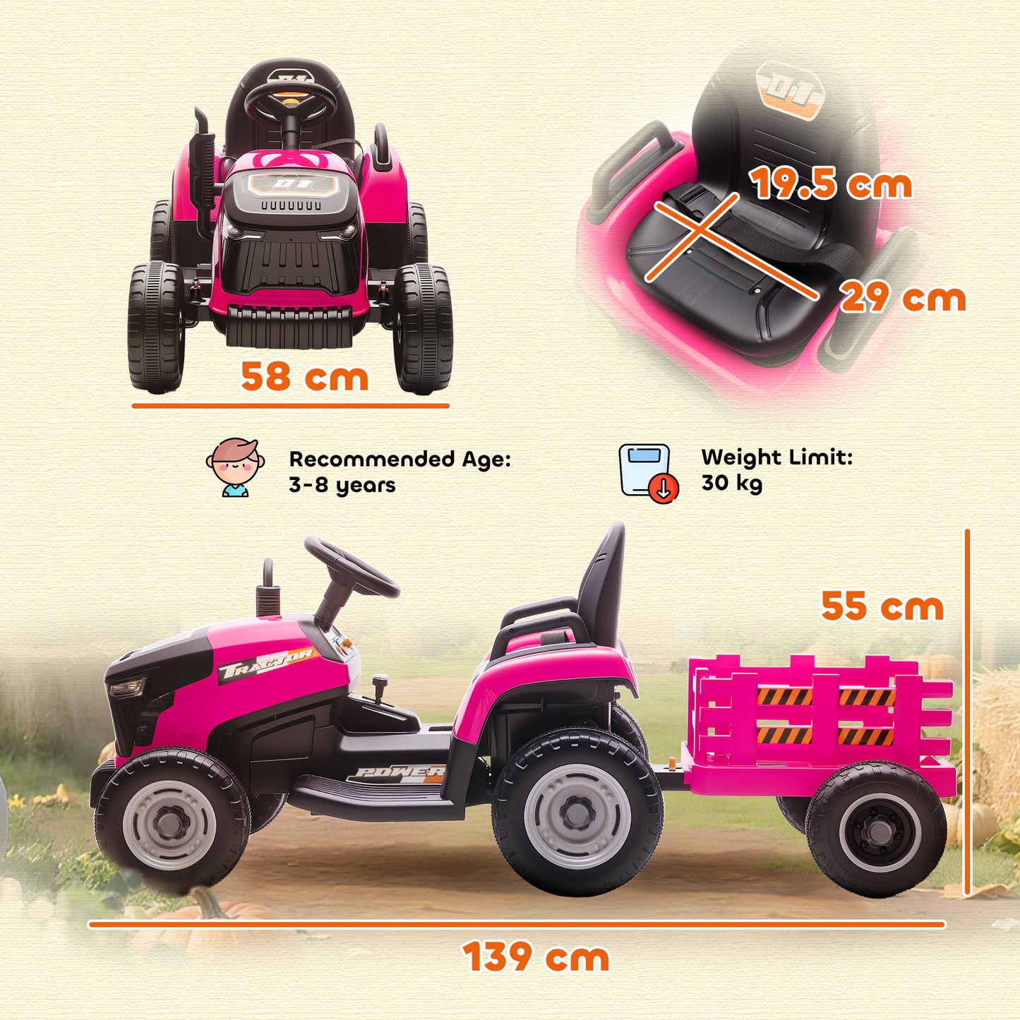 12V Ride on Tractor and Trailer with Remote Control, Music, Shifter, Start-Up Sound, for Kids Ages 3-8 Years, Pink